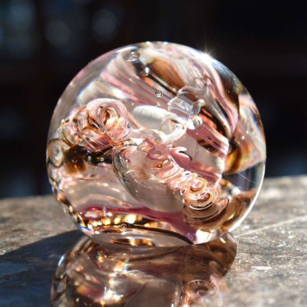 J Karg Signed Art Glass Paperweight Pink Copper Swirl Studio Blown Jim Karg